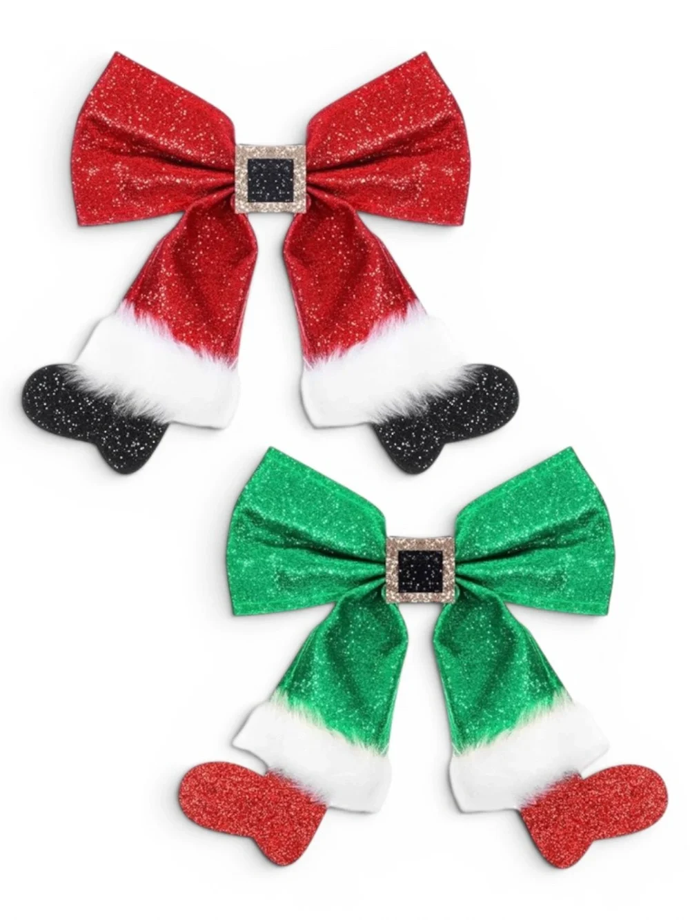 Christmas Glitter Bow Hair Clips Set of 2 Red Green Sequin Santa Holiday NWOT